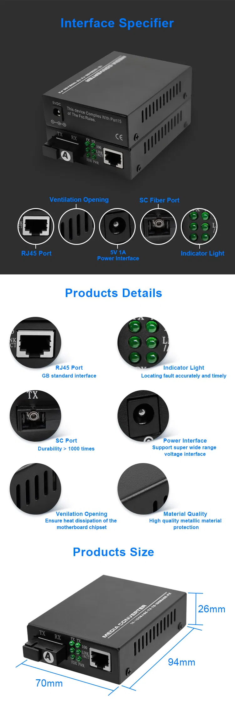 10/100m 1310/1550nm Single Mode Single Fiber Wdm 20km Fiber Optic to RJ45 Media Converter