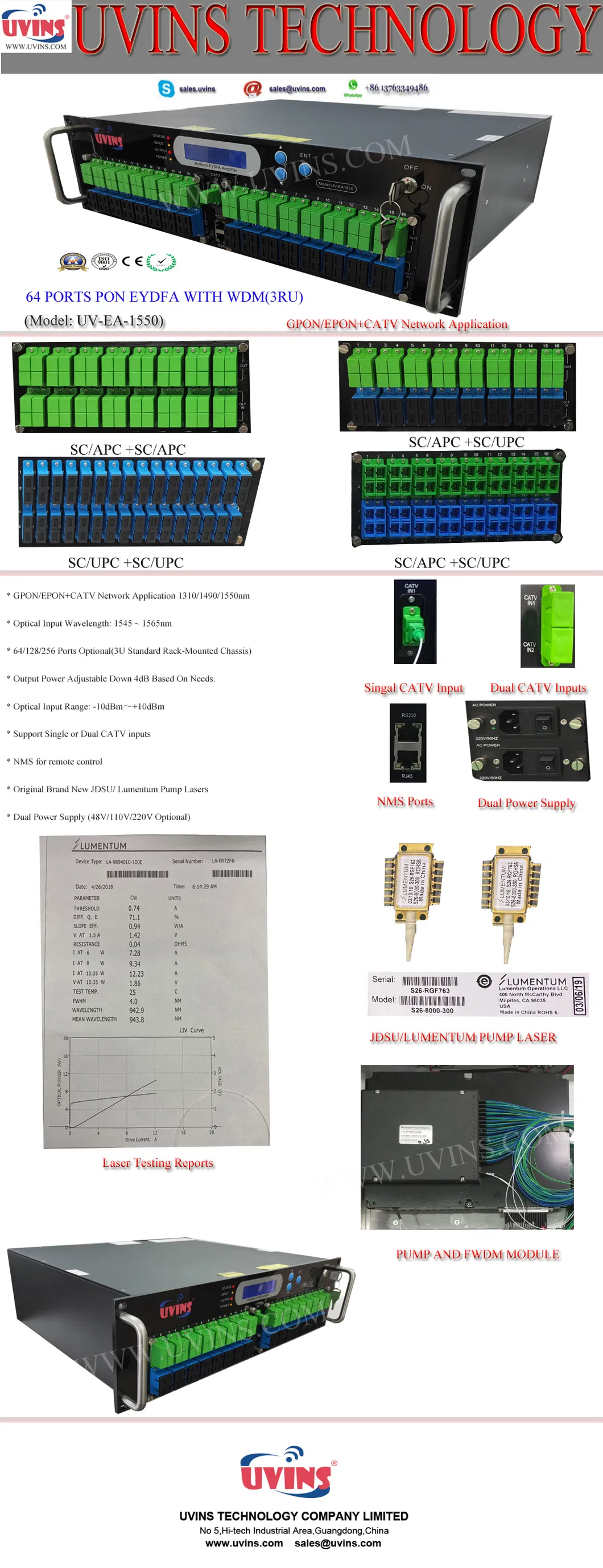 1550 Nm Pon Eydfa with Wdm/ Erbium Doped Optical Fiber Amplifier High Output Power