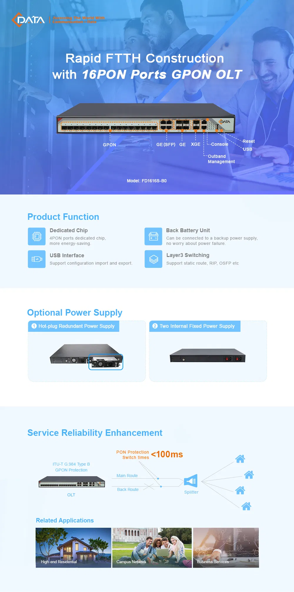 16 Gpon Ports Single Built-in Power Supply Olt with Bbu