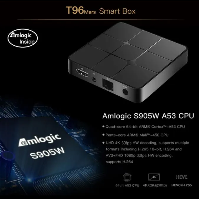 Android TV Box T96 Mars Amlogic S905W 2g+16g 2.4GHz 4K HD H265 Bt WiFi Media Player Set-Top Box