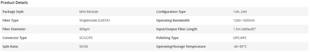 Customized 1*N 2*N Steel Tube Blockless Mini Module Fiber Splitter