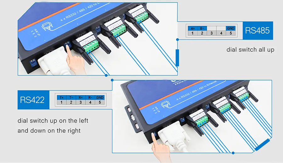 Serial Port Switching Among RS232/RS485/RS422 4 Ports Serial to IP Converters